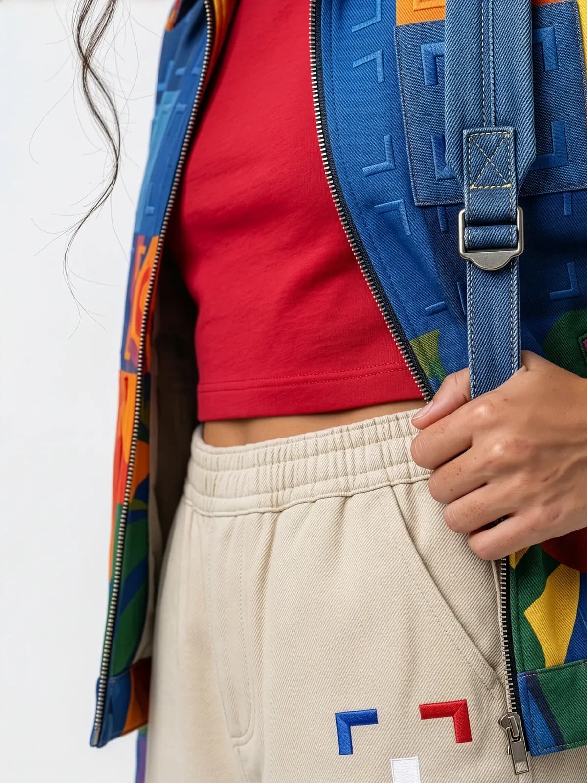 Close-up detail of an outfit with a blue backpack strap